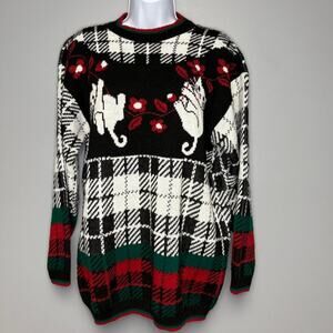 VTG JJ Browne‎ Christmas Cat Metallic Knit Made in USA Sweater Womens Sz L